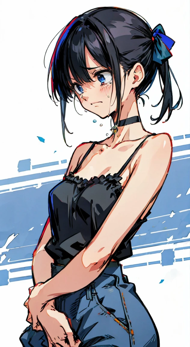 She holds a crying  in a dress and blue camisole with black hair and hair ribbons, choker