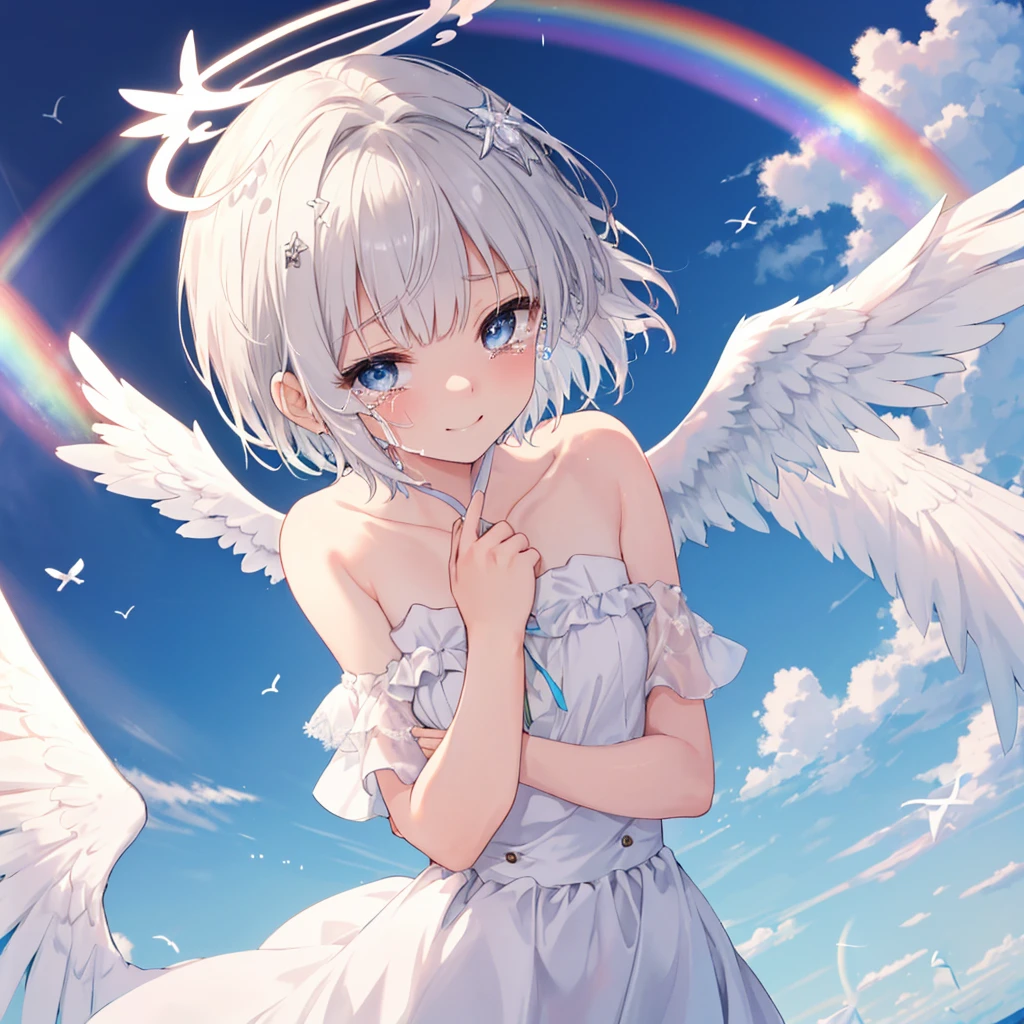 (((Extreme close-up　tears　smile　Low - Angle　Dove of peace　Angel Halo)))　((輝くtears　Rainbow Eyes　Short Hair　Receiving the light　Rainbow light　Place your hand on your chest　Stretch your hand out towards me))　(Shining Edge　　Pillar of Light)