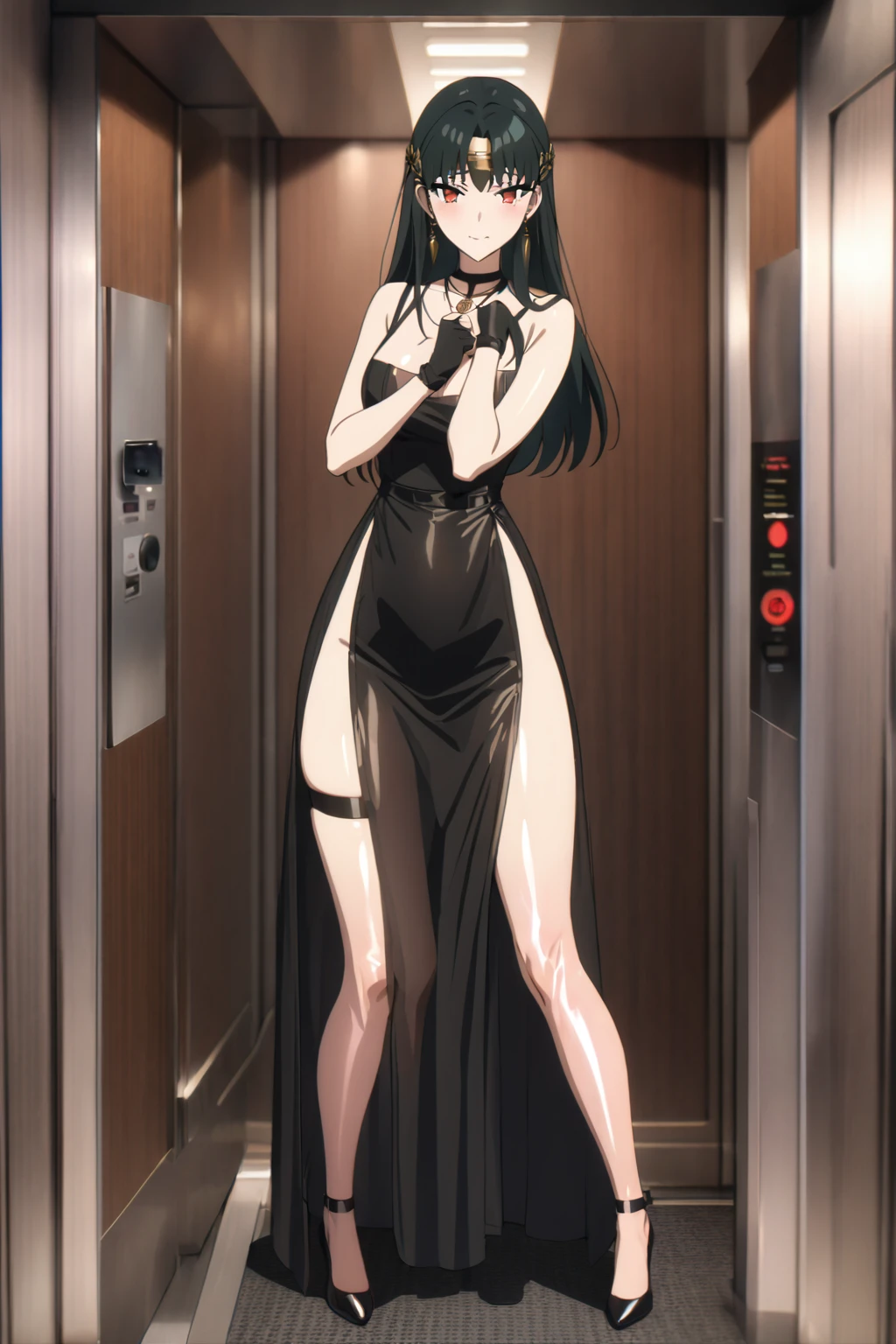 Anime female character, (masterpiece), (highest quality), (extreme quality), (super high), yorbriar, yorbriar, 1girl, standing in the elevator, the elevator door is open, the camera is facing the character outside the elevator, look at the camera, Black garter stockings, sexy, standing posture, legs apart, sensual, translucent stockings, feet, sexy movements, thigh lines, thigh flesh, charming, shy expression, long black hair, straight hair, bangs covering part of the forehead, red Eyes, soft gaze, soft expression, shy, tight black dress, high slit dress, suspender design, shiny fabric, revealing, golden hairpin, black fingerless gloves, simple necklace, thigh strap, dagger or dagger, Hands holding dagger, metallic shine
