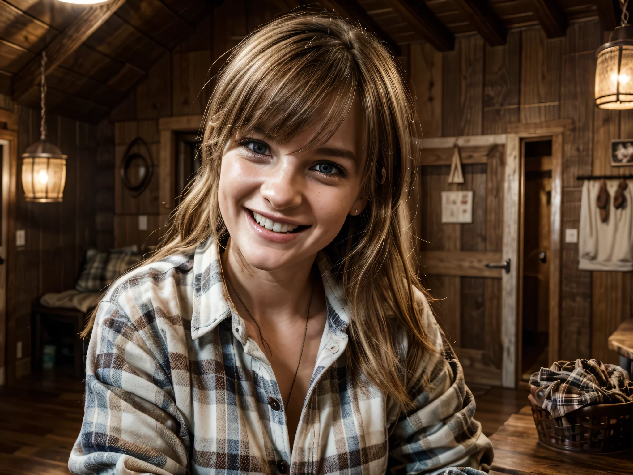 a young adult white female, her flannel shirt covered in chocolate pie, laughing, pretending to be upset, inside a rustic wooden cabin, fun and playful atmosphere, prank war, high quality, detailed, photorealistic, vivid colors, studio lighting, dramatic lighting, dramatic shadows, hyperrealistic, 8k, detailed eyes, detailed face
