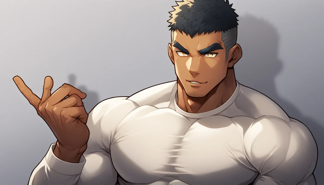 anime characters：Gyee, Muscle Sports Student, negro black skin, 1 dark skin muscular tough guy, Manliness, male focus, Light yellow high collar long sleeve tight T-shirt, Slightly transparent material, Very tight, Round, full and perky chest muscles, Slightly transparent, muscular male, muscular, only, Upper body, alone, Black short hair, Thick eyebrows, stubble, Yellow eyes, Grey background, simple background, amazing quality, best aesthetics, Ridiculous, bright pupils, crew cut, parted lips, seductive smile, torogao, naughty face, drop shadow, best quality