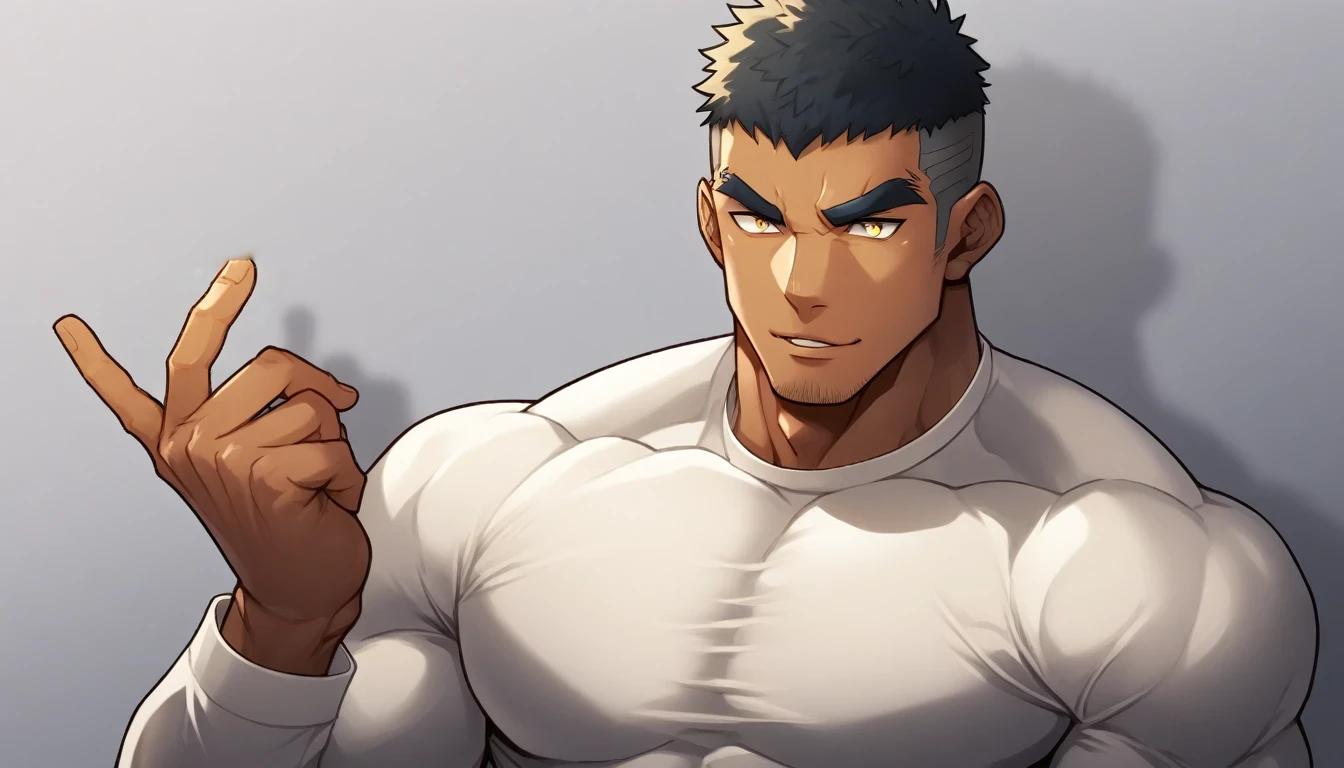 anime characters:Gyee, Muscle Sports Student, ????? black skin, 1 dark skin muscular tough guy, Manliness, male focus, Light yellow high collar long sleeve tight T-shirt, Slightly transparent material, Very tight, Round, full and perky chest muscles, Slightly transparent, muscular male, muscular, only, Upper body, alone, Black short hair, Thick eyebrows, stubble, Yellow eyes, Grey background, simple background, amazing quality, best aesthetics, Ridiculous, bright pupils, crew cut, parted lips, seductive smile, torogao, naughty face, drop shadow, best quality