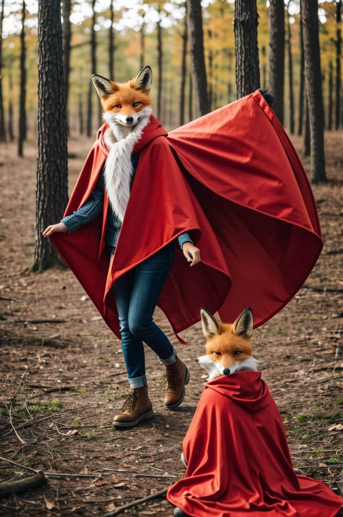 A person dressed as a fox wearing a red poncho