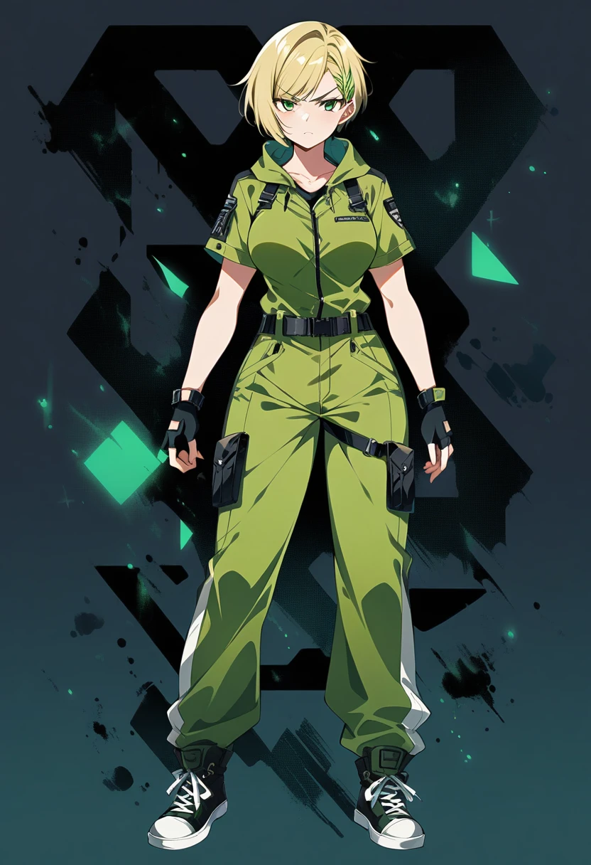 grown woman, full body, fingerless gloves, very short hair, tomboy, very short hair, pixie cut, serious face, angry look, modern hairstyle, short hairstyle, chic and asymmetrical pixie cut, short blonde pixie hair, very short hair, highlights on hair, green eyes, green sneaking suit, medium breasts, masterpiece quality, intricate detail, 4k resolution, ultra hd