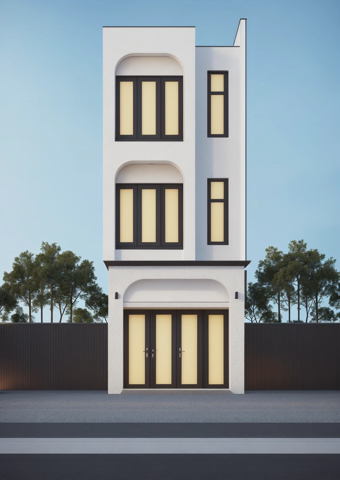 PLATFORM KTHOUSE, 1 morden villa,1large yard, 1 road runs in front of the house, (RAW photo, real, best quality, masterpiece:1.2), look morden minimalist, 1 road in front of the house, dynamic lighting:1.3, (hyper realistic, photo-realistic:1.2), high quality, (dark lighting:1.2), perfect lighting, archdaily, no human, light at 12 noon, light in door, 1 rolling door:1.4