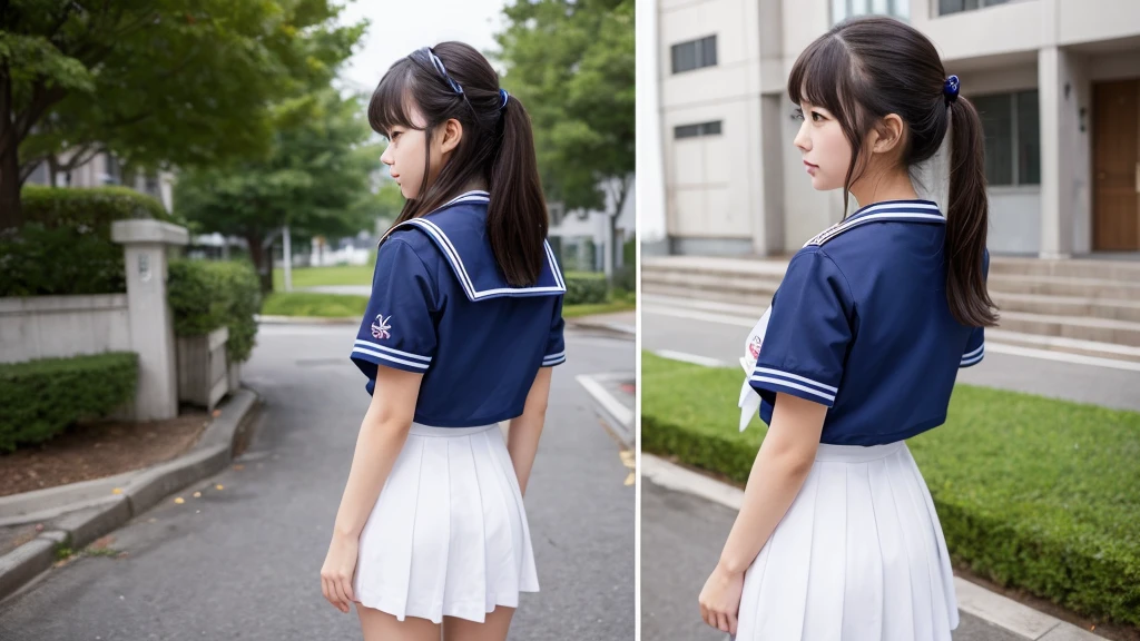 Highest quality、masterpiece、A beautiful girl wearing a sailor suit、High school yard、Back view