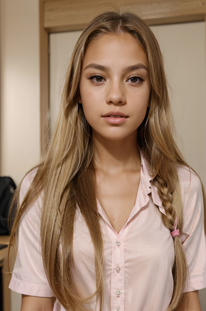 a woman with a firm face, smooth tan skin, with long blonde hair and light brown eyes and pink lips, and wear school uniforms .
