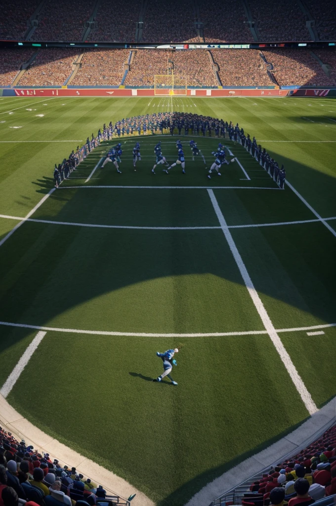 3d image of“Amidst the roar of the crowd, two rival football teams clash on the lush green field of the stadium. The home team, adorned in their iconic colors, fights to defend their turf. Meanwhile, the visiting team, equally determined, aims to upset the balance. The air is charged with anticipation as the players sprint, tackle, and strategize, each pass echoing through the stands. Who will emerge victor, wallpaper art, Promo art design, octane render, masterpiece detail,
