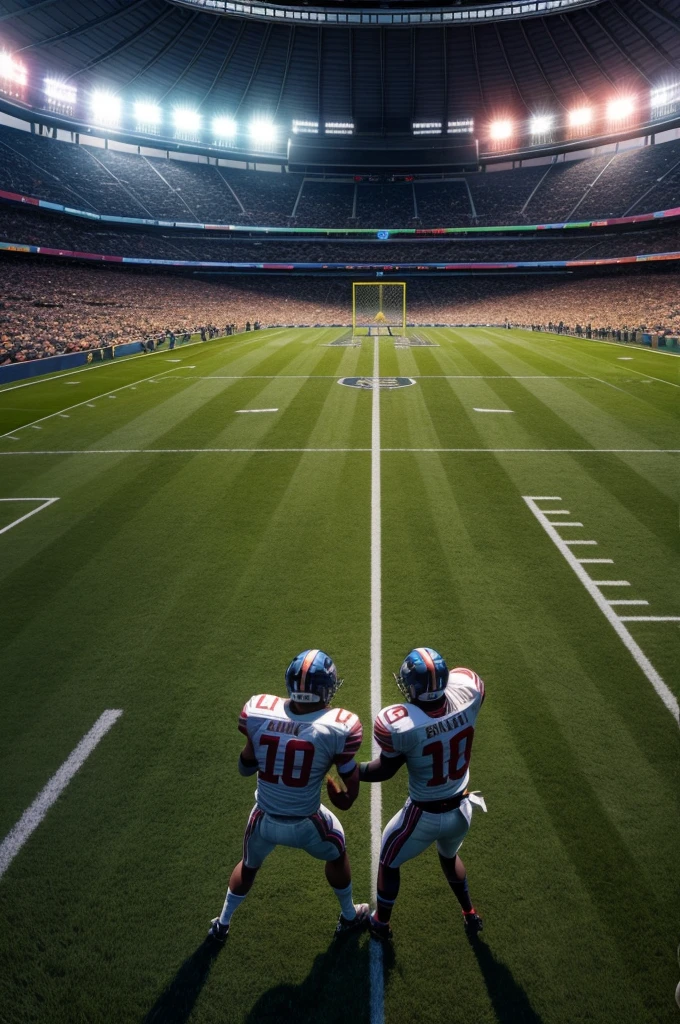 3d image of“Amidst the roar of the crowd, two rival football teams clash on the lush green field of the stadium. The home team, adorned in their iconic colors, fights to defend their turf. Meanwhile, the visiting team, equally determined, aims to upset the balance. The air is charged with anticipation as the players sprint, tackle, and strategize, each pass echoing through the stands. Who will emerge victor, wallpaper art, Promo art design, octane render, masterpiece detail,