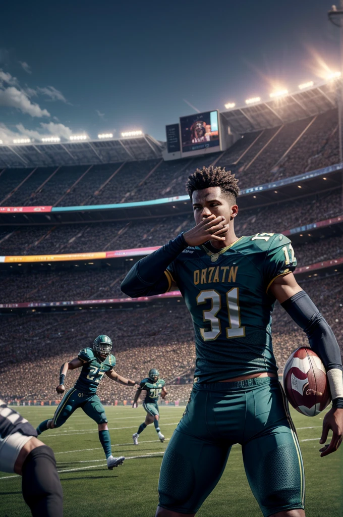 3d image of“Amidst the roar of the crowd, two rival football teams clash on the lush green field of the stadium. The home team, adorned in their iconic colors, fights to defend their turf. Meanwhile, the visiting team, equally determined, aims to upset the balance. The air is charged with anticipation as the players sprint, tackle, and strategize, each pass echoing through the stands. Who will emerge victor, wallpaper art, Promo art design, octane render, masterpiece detail,