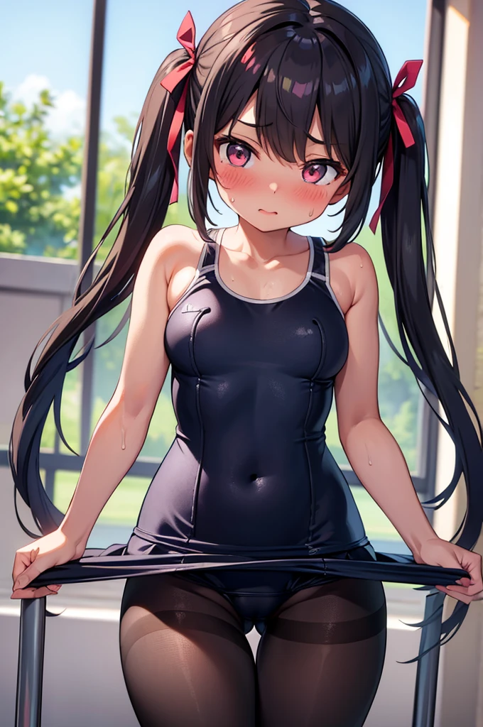 masterpiece, best quality, ultra detailed,,1girl, blush, sweat, hair ribbon, twin tails, ((school swimsuit)), pantyhose, dark skin, slender