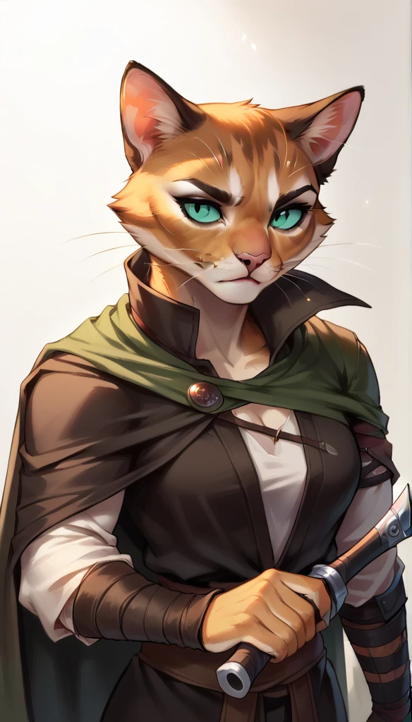 score_9, score_8_up, score_7_up, (clear simple background, white background, papyrus background),
 ((tabaxi), anthro, solo, female, (portrait), (focus), (holding, assassin, rogue), ((wearing dark robe, cape)), (cat fur)), beautiful