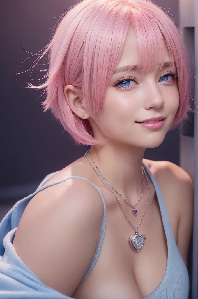 (8k high quality), (2d high quality), (high anime quality), (beautiful girl), (beautiful face), (shining short pink hair), (beautiful blue eyes), (beautiful wristwatch), (beautiful silver necklace with heart pendant), (shining smooth skin), (grinning face), (looking up), (top shot), (beautiful white school uniform)