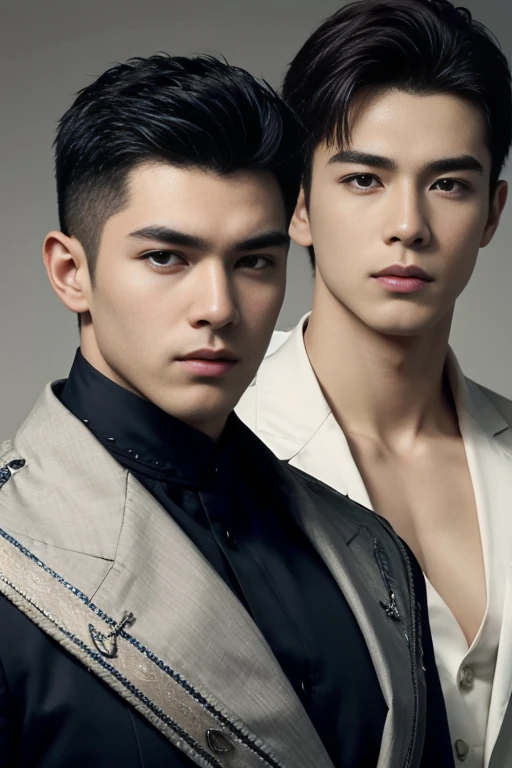 ((masterpiece)),((best quality)),8K,high detail,Very detailed, Very manly,3 men, like,fashion pose, Realistic skin texture, Light,
Royal blue style couple