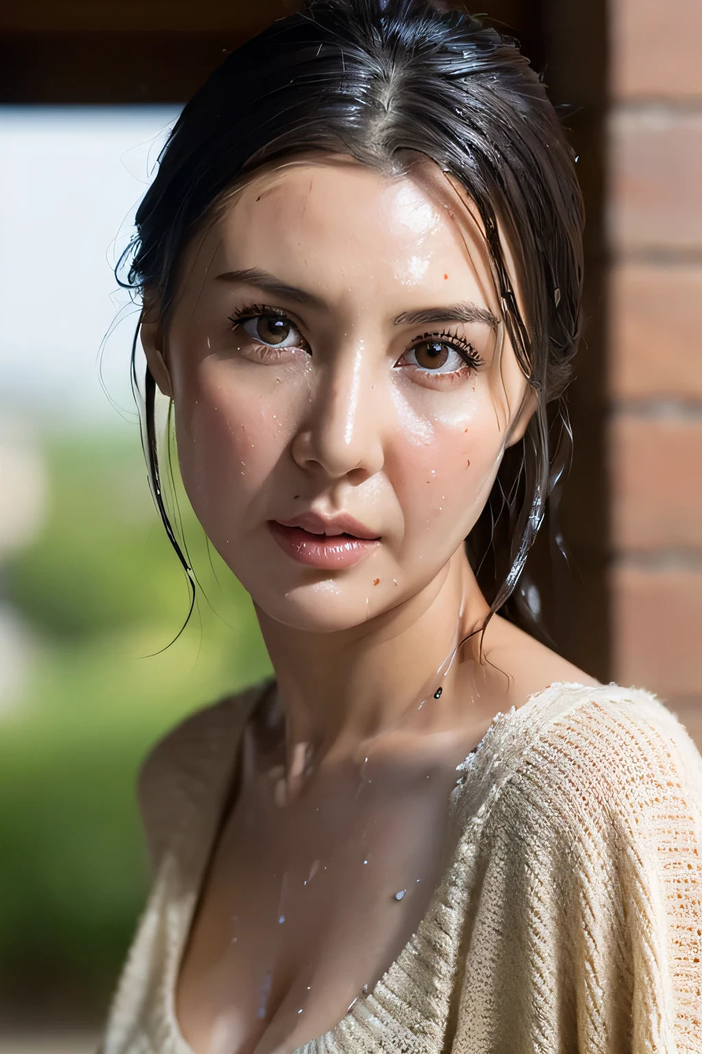 (In 8K, Highest quality, masterpiece:1.2), (Realistic, Photorealistic:1.37), Ultra-detailed, Natural light, Medium chest, valley, 1 person, 35-year-old woman, Symmetrical nose,Black Hair, pendant, Torn shorts, Light knit V-neck shirt, Highly detailed face and skin, Detailed eyes, Highly detailed face and skin,((super wet skin))Brick wall,Park wall,