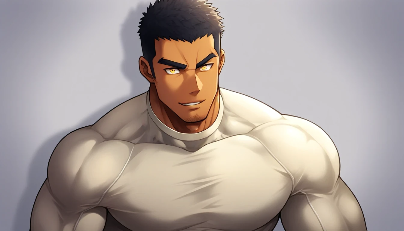 anime characters:Gyee, Muscle Sports Student, negro black skin, 1 dark skin muscular tough guy, Manliness, male focus, Light yellow high collar long sleeve tight T-shirt, Slightly transparent material, Very tight, Round, full and perky chest muscles, Slightly transparent, muscular male, muscular, only, Upper body, alone, Black short hair, Thick eyebrows, stubble, Yellow eyes, Grey background, simple background, amazing quality, best aesthetics, Ridiculous, bright pupils, crew cut, parted lips, seductive smile, torogao, naughty face, drop shadow, best quality