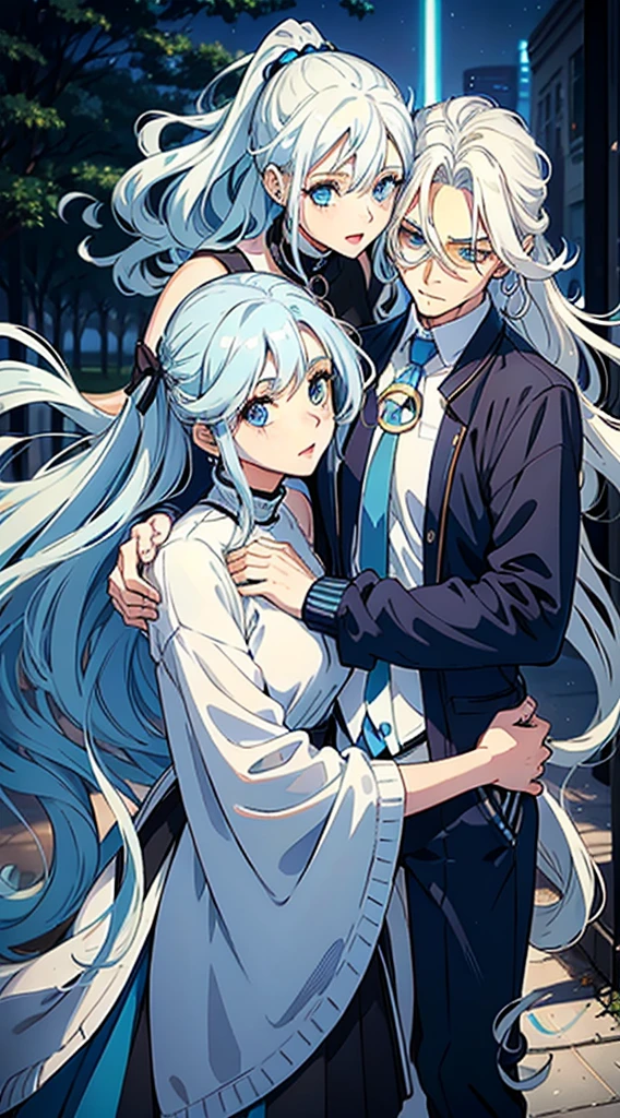 anime black man with long navy blue hair, has vitiligo gold left eye, light blue right eye, glasses on the top of his head with a snow flake hair clip, has a necklace, a black sleeveless shirt