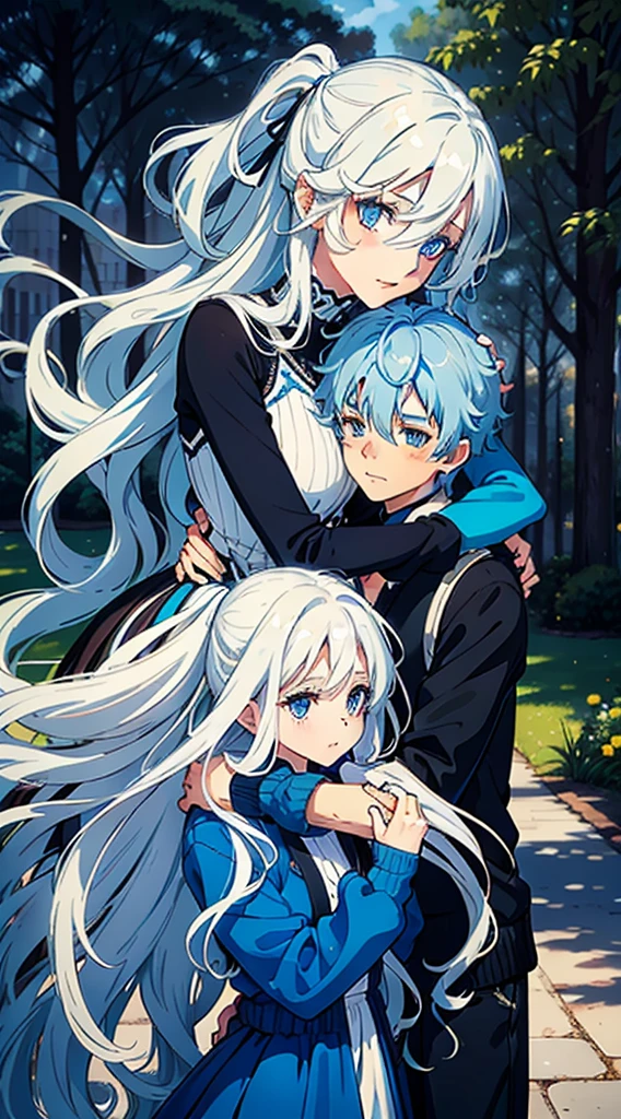 Two people woman with long wavy white hair bright blue eyes wearing a sexy blue dress hugging a teenage girl with short wavy white hair bright blue eyes wearing a black sweater and white pants they are in a park