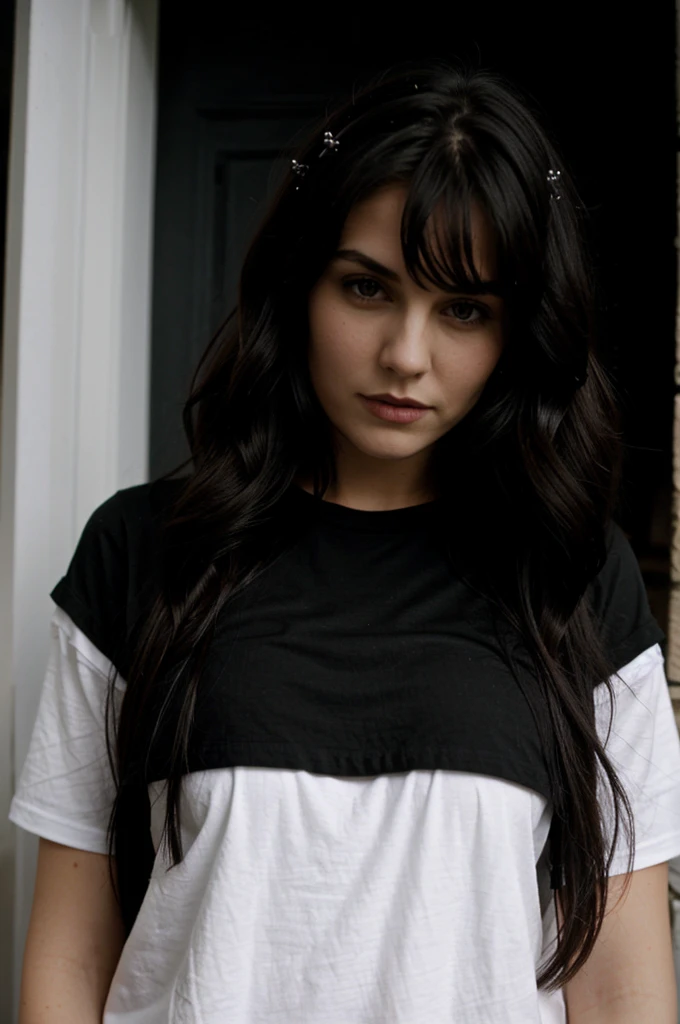 Pretty woman white, gothic stile, room gothic, dark clotes, wearing small black t-shirt