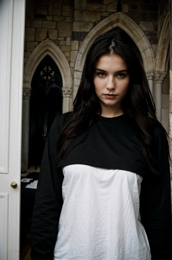 Pretty woman white, gothic stile, room gothic, dark clotes, wearing small black t-shirt