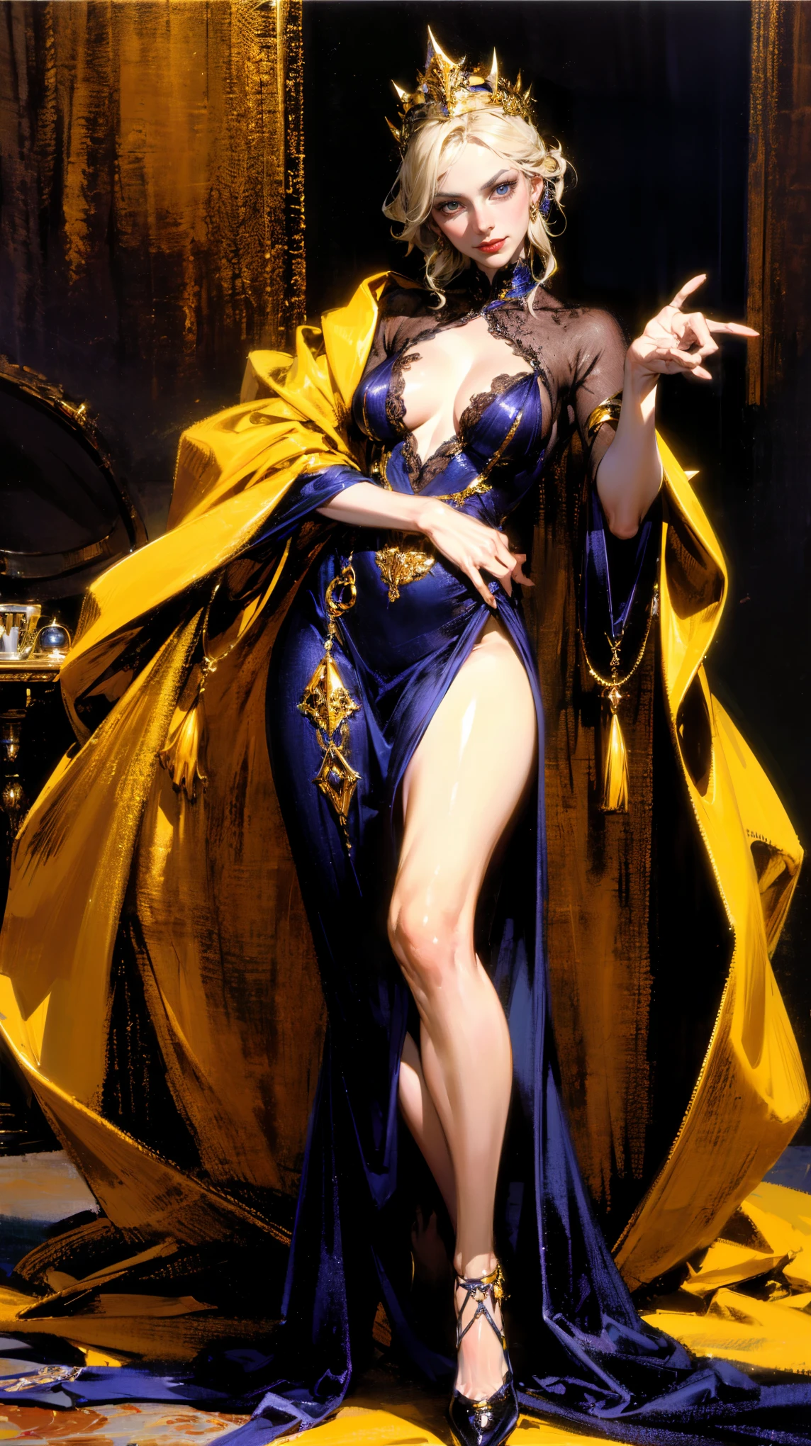 NSFW, best quality (4K, high resolution, masterpiece:1.2), ultra-detailed, realistic (photo-realistic:1.37), the Golden Queen, the Mistress of Greed, mesmerizing golden enchantress, portrait, standing with a dazzling golden gown, captivating yet intimidating gaze, hypnotic, demonic eyes, poised stance, flowing golden hair with flickers of shadow, radiant and opulent aura with a hint of darkness, pure golden color scheme, sharp focus, perfect, ominous lighting, confident, sinister demeanor, intriguingly wicked smile, powerful greed magic and sinister energy radiating from her eyes, luxurious palace with a dark, foreboding background, entrancing yet eerie atmosphere, inspired by fantasy art and dark mythology, emphasizing her wealth, allure and malevolent charm, meticulous attention to facial details showcasing her stunning beauty, elaborate, opulent costume design, striking visual impact, expressive yet wicked facial features, supernatural elements blended with a sinister reality, (exceptionally detailed:1.3), super finely detailed and clawed hands, ultra finely detailed fingers (ten fingers), suggestive, intimidating posing, full body showcase, no logos in the background.