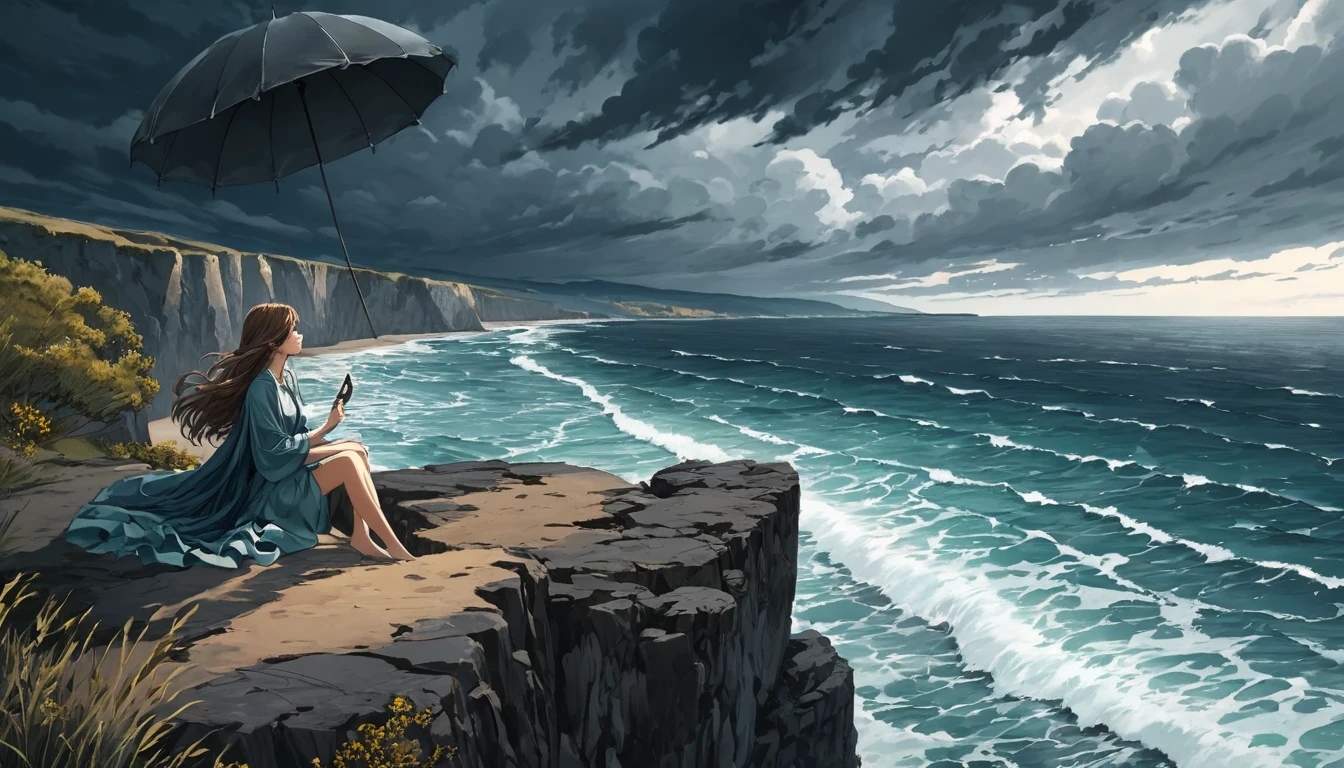Sea with waves. A sky with dark clouds. A beautiful beach with cliffs. The girl sits precariously on a high cliff with an umbrella. Her girl's hair blows in the wind. Five pretty fingers.