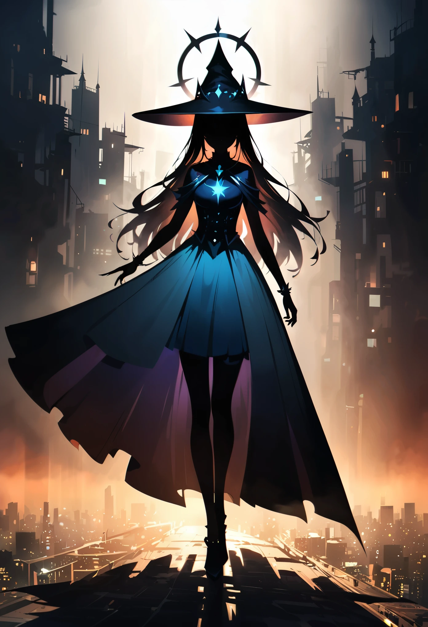 (Double Exposure:1.5),in style of Thierry Mugler,The magical witch from the nebula fantasy,Witch costumes and the hazy city,Halo,Japanese anime style,(Dark atmosphere:1.2),(Extreme shadows:1.2),(Witch in the shadows:1.2),
