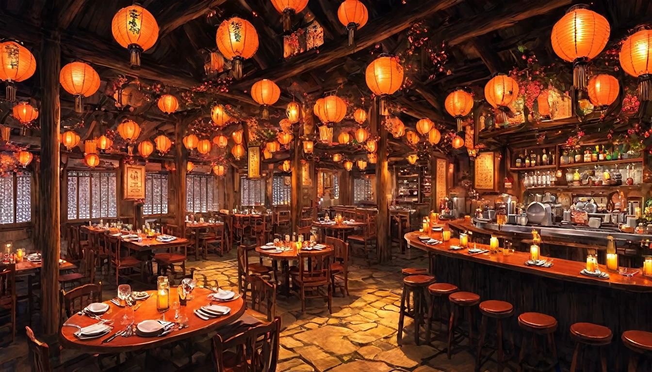 Inside the restaurant clouded with heat、Classic Lantern, Lots of red and orange, Intricate details,　night、Detailed Characters, Ghibli-like animation, アニメ , Scenes of dwarves, adventurers and elves chatting together in a lively bar (アニメ style), images of a different world or a Western bar, a bright interior, pop style, 