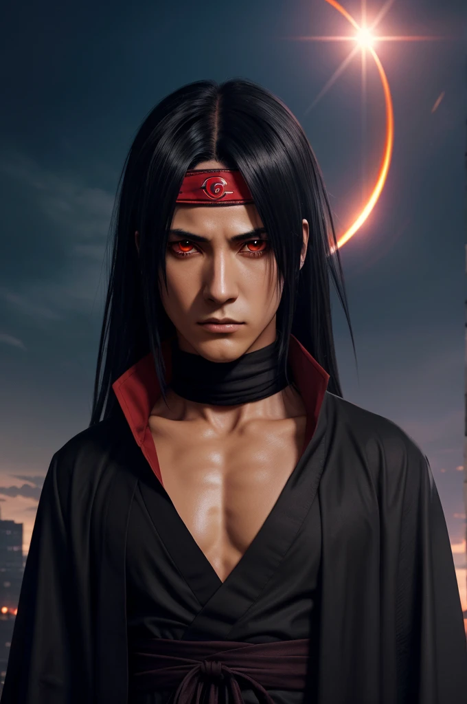 Generate a digital painting of an anime character inspired by Itachi Uchiha from Naruto. The character should have long, dark hair, partially covering one of his glowing red eyes. He should be wearing a dark cloak with red clouds (Akatsuki robe) and a headband with the symbol of the Hidden Leaf Village, scratched to indicate defection. The character's hand should be raised to his face, partially covering one eye, with black nail polish visible. The background should feature a dramatic solar eclipse with intense fiery and dark hues, creating a powerful and ominous atmosphere. The lighting should highlight the character's intense expression and the intricate details of his clothing.