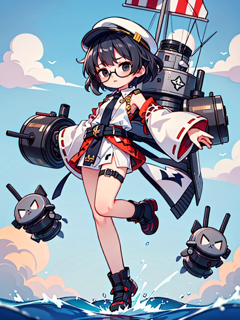 ((((Full body of a woman with perfect flat chest、solo、Short unkempt black hair、Tie your messy hair at the nape of your neck、white military jacket、Miko costume、tights、Black glasses、White military cap、Cloudy black eyes、Sleepy expression)))), (((masterpiece))), (((Shipgirl))), ((Floating on the morning sea with both feet)), (Spread your legs wide open), (Hold the turret with your right hand), (Mechanical arms extending from the waist are used to equip the ship with battleship equipment.), (Equipped with a turret on the back), (Holds the turret with his left arm), Shotgun shells are attached to the thigh with a belt, Spreading the Machine's Wings, Machine tail, shotgun,