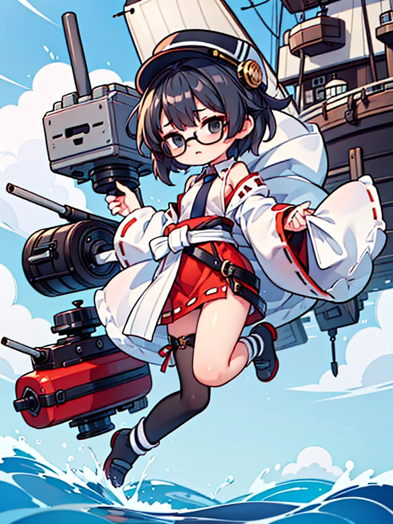 ((((Full body of a woman with perfect flat chest、solo、Short unkempt black hair、Tie your messy hair at the nape of your neck、white military jacket、Miko costume、tights、Black glasses、White military cap、Cloudy black eyes、Sleepy expression)))), (((masterpiece))), (((Shipgirl))), ((Floating on the morning sea with both feet)), (Spread your legs wide open), (Hold the turret with your right hand), (Mechanical arms extending from the waist are used to equip the ship with battleship equipment.), (Equipped with a turret on the back), (Holds the turret with his left arm), Shotgun shells are attached to the thigh with a belt, Spreading the Machine&#39;s Wings, Machine tail,  shotgun, 