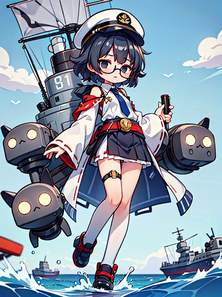 ((((Full body of a woman with perfect flat chest、solo、Short unkempt black hair、Tie your messy hair at the nape of your neck、white military jacket、Miko costume、tights、Black glasses、White military cap、Cloudy black eyes、Sleepy expression)))), (((masterpiece))), (((Shipgirl))), ((Floating on the morning sea with both feet)), (Spread your legs wide open), (Hold the turret with your right hand), (Mechanical arms extending from the waist are used to equip the ship with battleship equipment.), (Equipped with a turret on the back), (Holds the turret with his left arm), Shotgun shells are attached to the thigh with a belt, Spreading the Machine's Wings, Machine tail, shotgun,