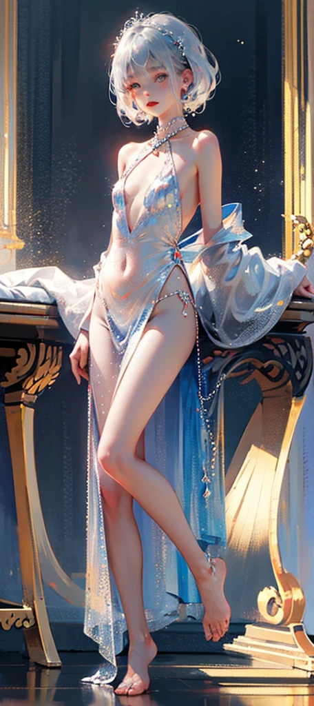 A girl、symmetry,Daughter,whole body 女恋,Put your hands together and bloom,(Very detailed:1.1),((small :1.2))、The eyes are well drawn、Charming eyes、Double tail、Wear jewelry and pearls around your neck,Transparent openwork、Deep V、Crystal Pearls、在Wear jewelry and pearls around your neck,white hair, show your thighs, Bare shoulders, Show clavicle, Yao Liu, barefoot,((whole body))、painful posture