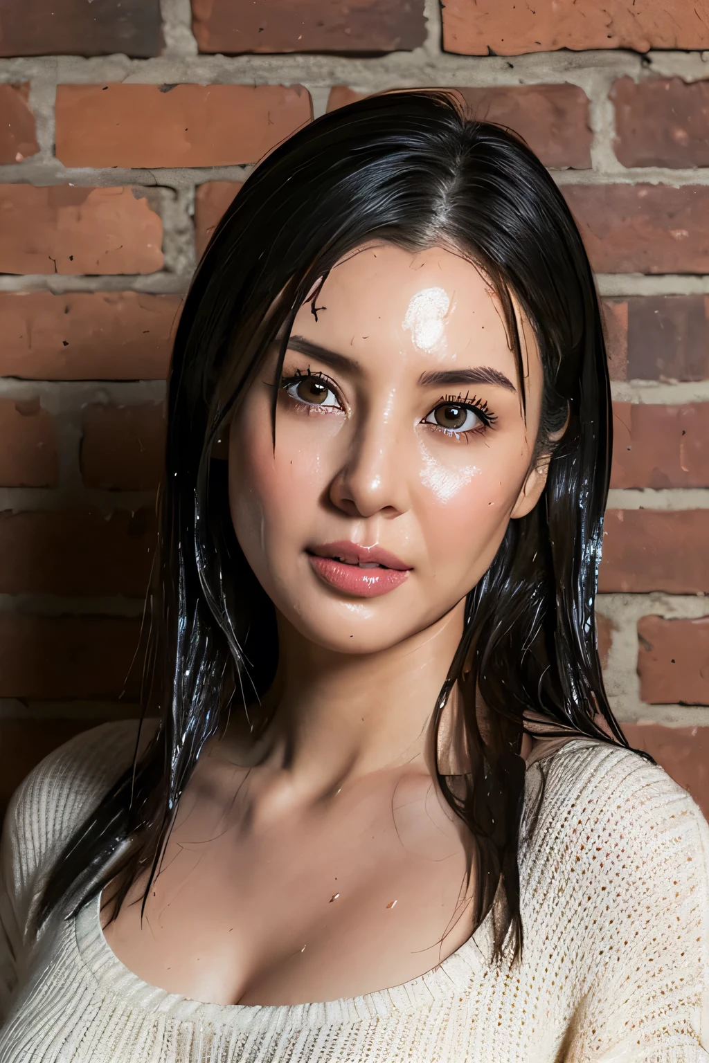 (In 8K, Highest quality, masterpiece:1.2), (Realistic, Photorealistic:1.37), Ultra-detailed, Natural light, Medium chest, valley, 1 person, 35-year-old woman, Symmetrical nose,Black Hair, pendant, Torn shorts, Light knit V-neck shirt, Highly detailed face and skin, Detailed eyes, Highly detailed face and skin,((super wet skin))Brick wall,Park wall,