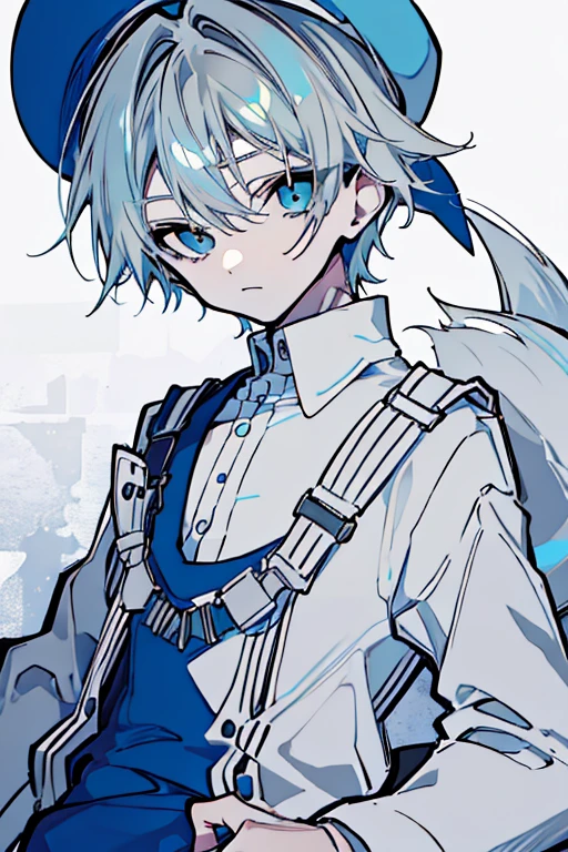 expressive eyes, perfect face, 1boy, young boy, young male, teenage boy, boy, solo, (light shade hair, fox tail, fox ears, light blue grey hair, pale light blue gray hair, pale blue hair, bluish cyan hair), azure eyes, short bangs, big eyes, fox tail, arknights design, white polo, beret, beret hat, white beret hat, white beret, white polo shirt, overalls, jumper, overalls jumper