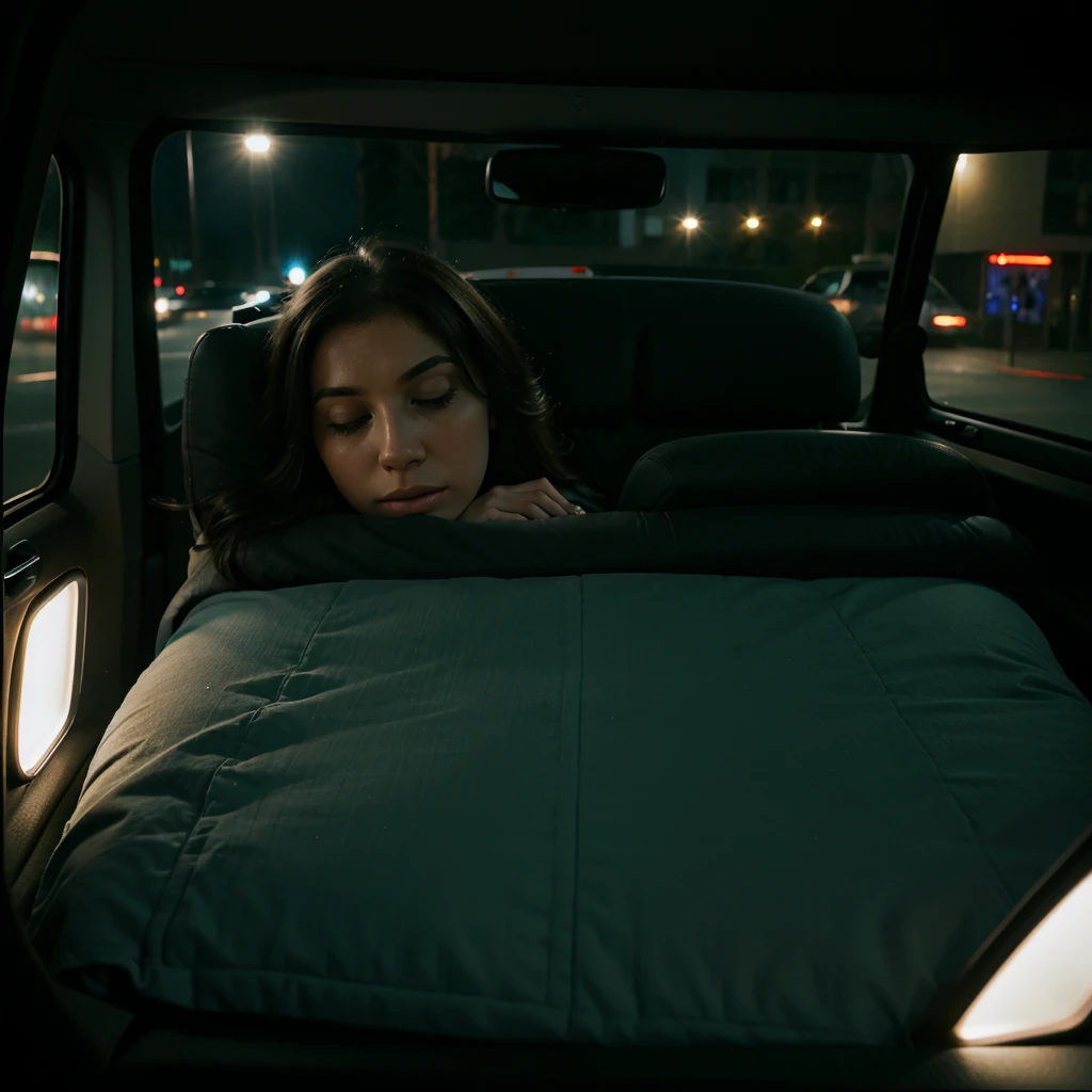 seen from inside the car, a woman sleeping soundly in a van, wide rear window of the car, at night, realistic photo, professional photographer, intricate details