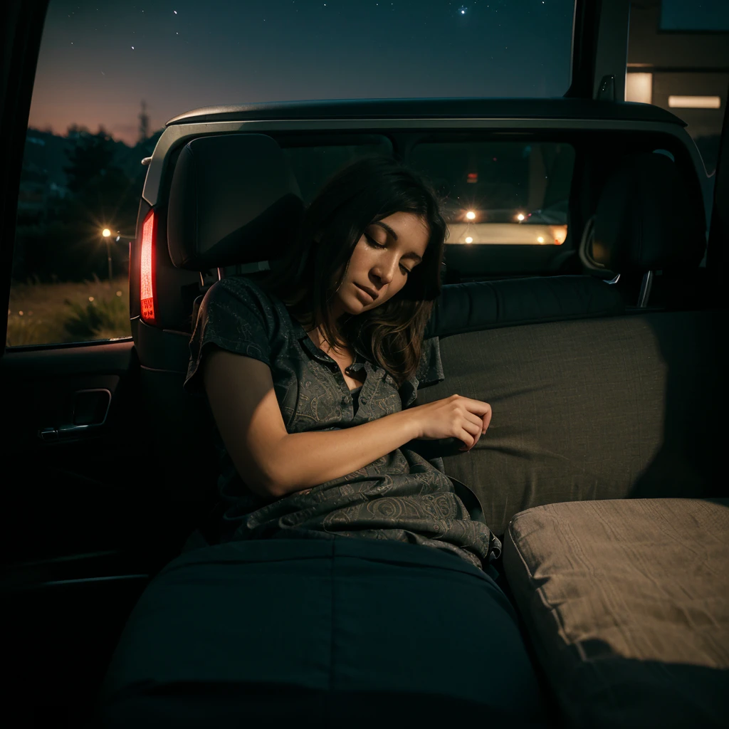 seen from inside the car, a woman sleeping soundly in a van, wide rear window of the car, at night, realistic photo, professional photographer, intricate details