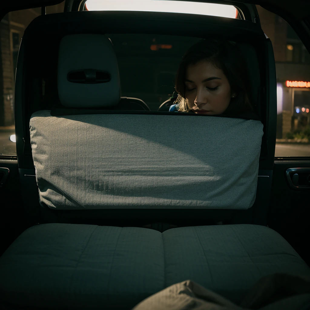 seen from inside the car, a woman sleeping soundly in a van, wide rear window of the car, at night, realistic photo, professional photographer, intricate details