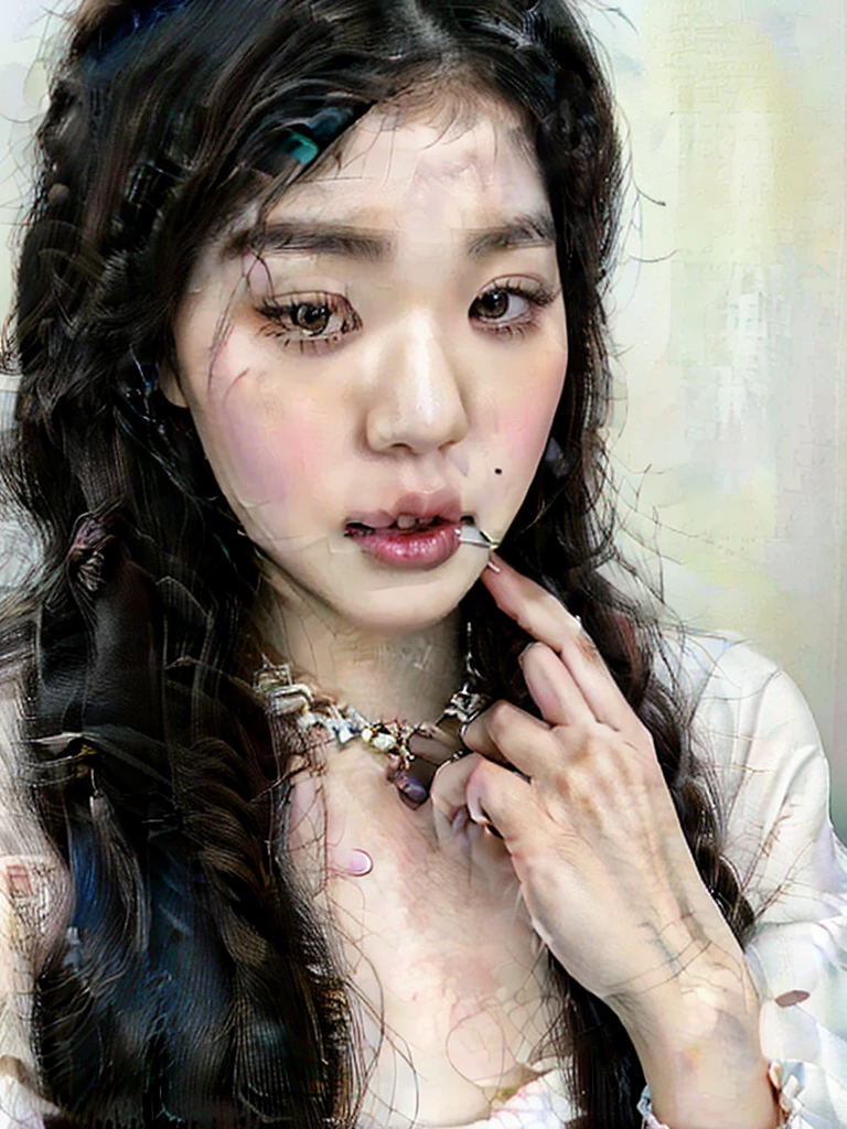 a close up of a woman with long black hair wearing a necklace and pearl choke, ulzzang, belle delphine, popular south korean makeup, popular korean makeup, young adorable korean face, jinyoung shin, cruel korean goth girl, wan adorable korean face, young cute wan asian face, pale porcelain white skin, jaeyeon nam, pale snow white skin, korean girl