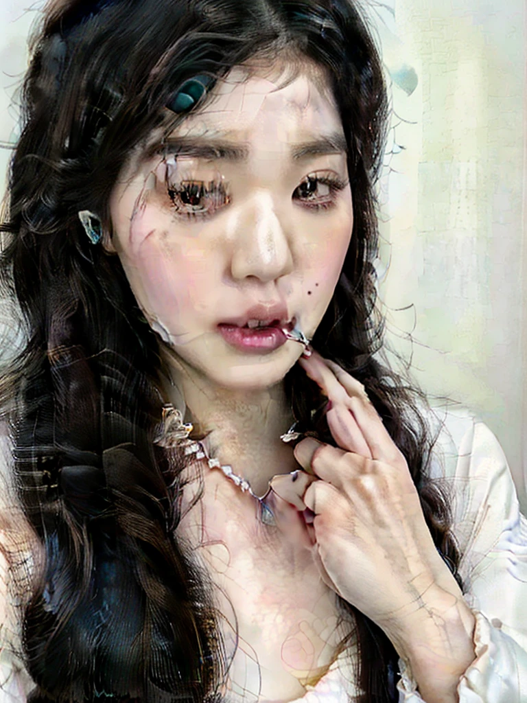 a close up of a woman with long black hair wearing a necklace and pearl choke, ulzzang, belle delphine, popular south korean makeup, popular korean makeup, young adorable korean face, jinyoung shin, cruel korean goth girl, wan adorable korean face, young cute wan asian face, pale porcelain white skin, jaeyeon nam, pale snow white skin, korean girl