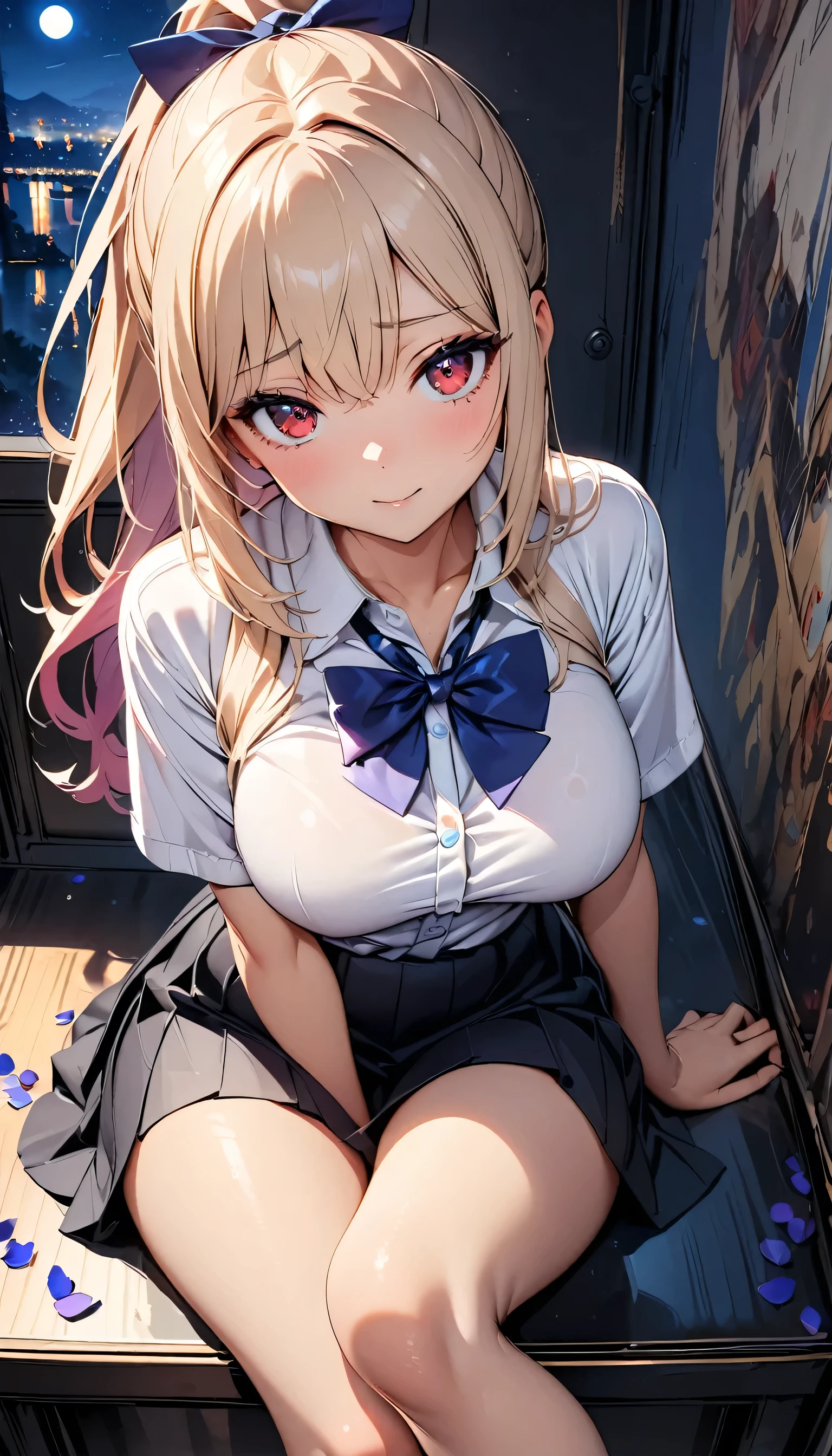 (depicting a single moment from a anime for adults), ((pubic hair, clitoris, braid, glasses, pleated skirt, ribbon, round face, eyes with realistic sizing, drooping eyes, blush, shame smile, thin lips, spread legs)), (((standing and straddling to hit her crotch against the corner of the table for self pleasure))), open mouth, (outside, on the sidewalk, terrace table),