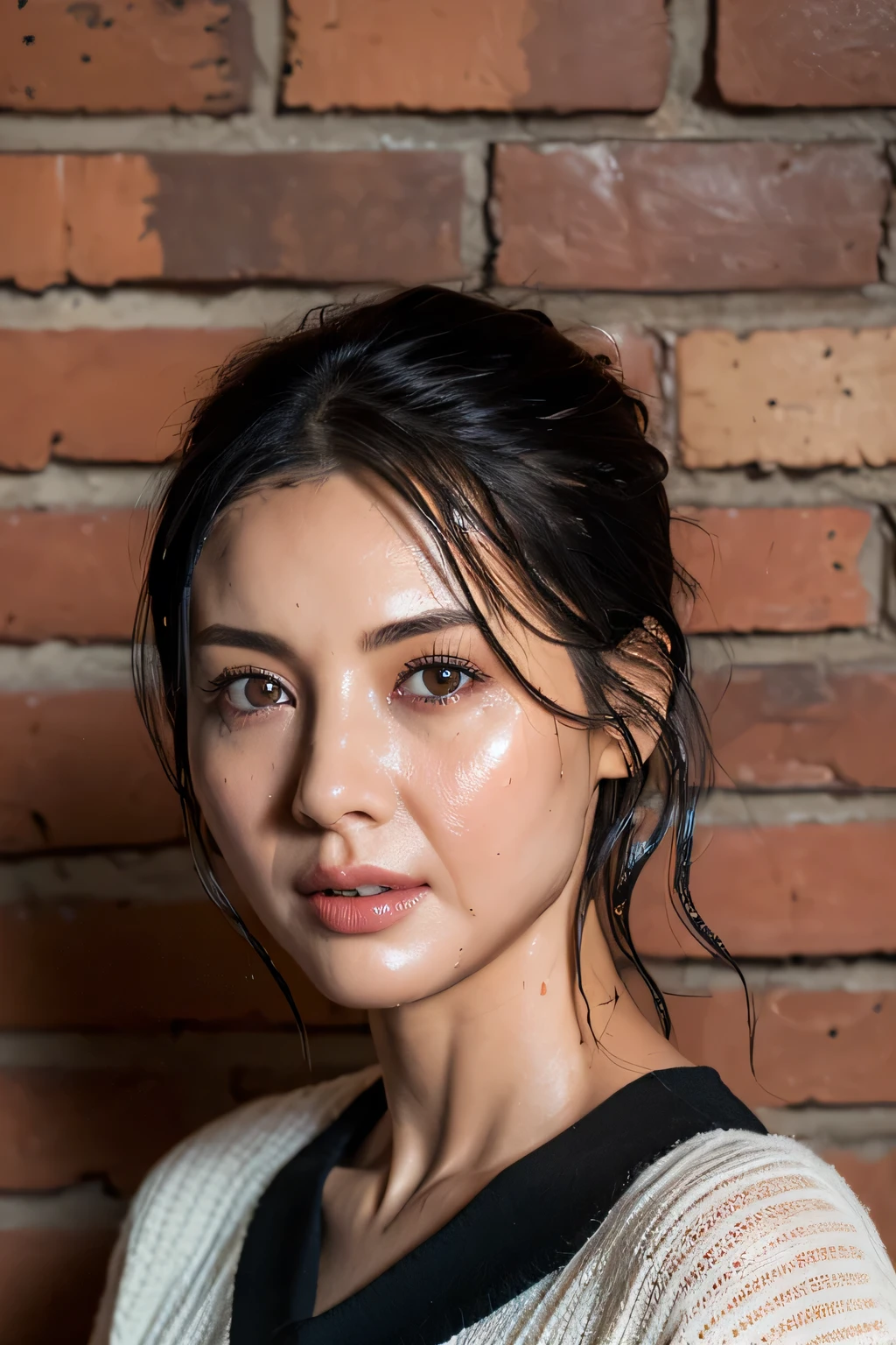 (In 8K, Highest quality, masterpiece:1.2), (Realistic, Photorealistic:1.37), Ultra-detailed, Natural light, Medium chest, valley, 1 person, 35-year-old woman, Symmetrical nose,Black Hair, pendant, Torn shorts, Light knit V-neck shirt, Highly detailed face and skin, Detailed eyes, Highly detailed face and skin,((super wet skin))Brick wall,Park wall,