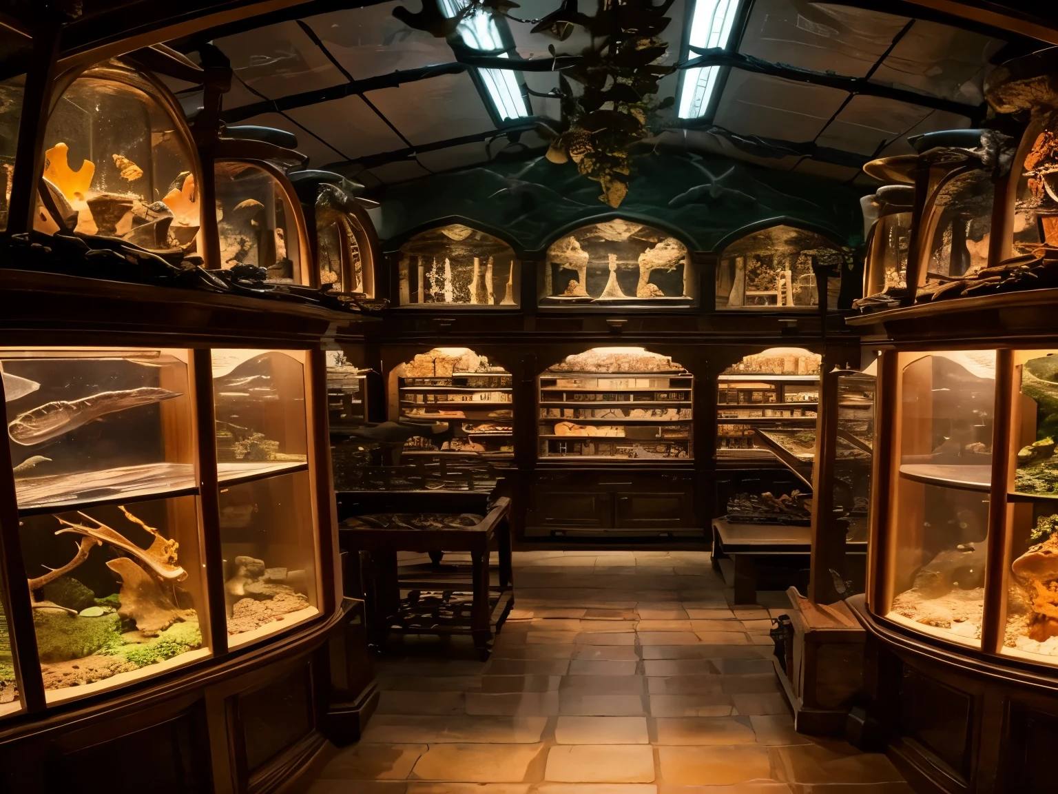 The interior of the Wunderkammer、Gems, plants, animal bones, aquariums, etc.々There are a lot of things placed here、dark、Creepy