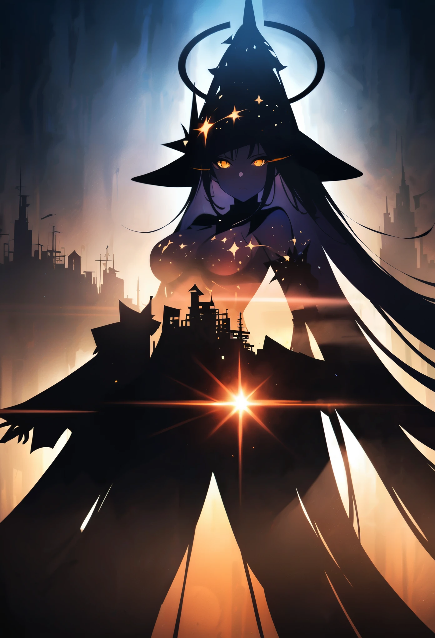 (Double Exposure:1.5),in style of Thierry Mugler,The magical witch from the nebula fantasy,Witch costumes and the hazy city,Halo,Japanese anime style,(Dark atmosphere:1.2),(Extreme shadows:1.2),(Witch in the shadows:1.2),