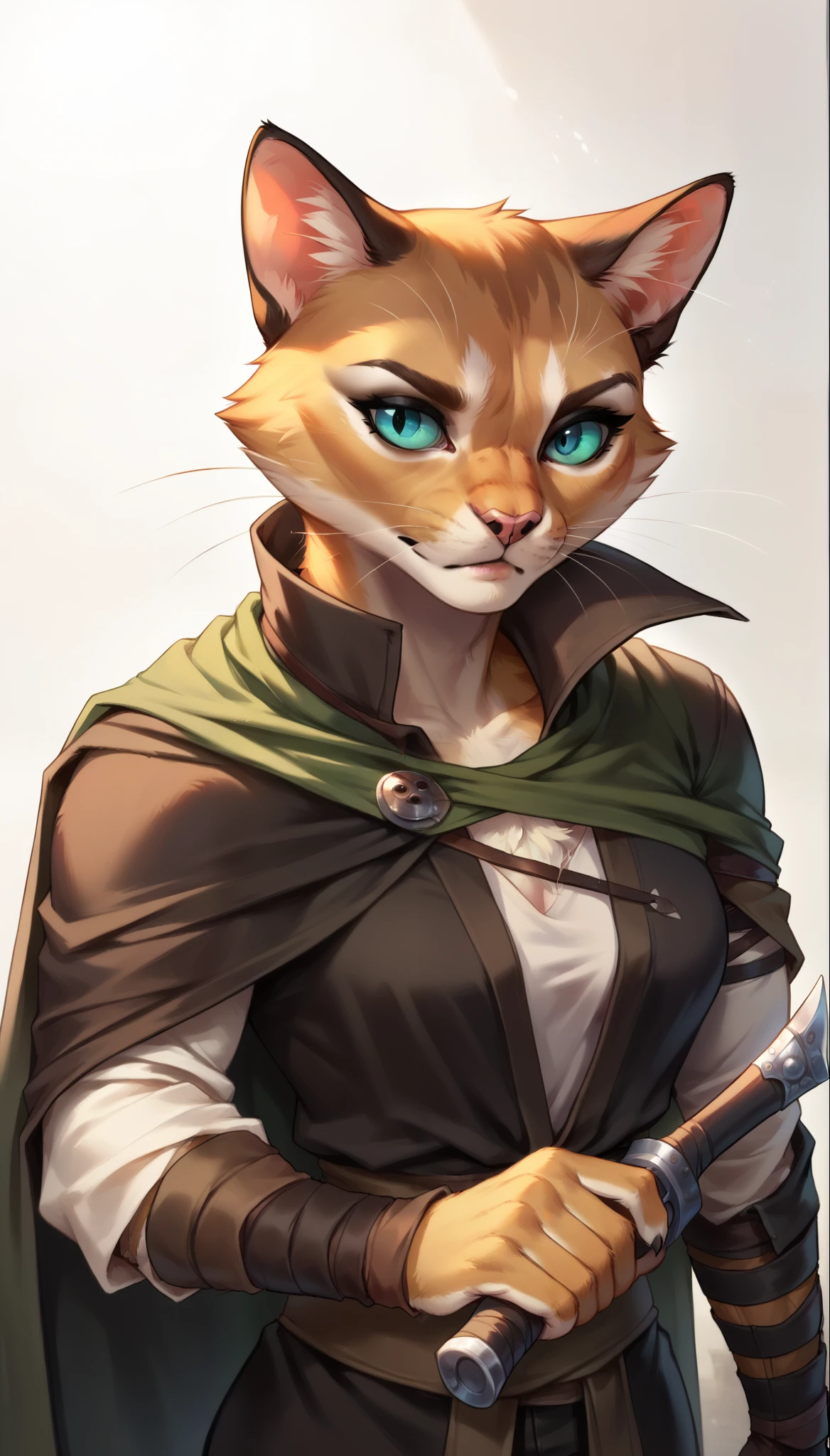 score_9, score_8_up, score_7_up, (clear simple background, white background, papyrus background),
 ((tabaxi), anthro, solo, female, (portrait), (focus), (holding, assassin, rogue), ((wearing dark robe, cape)), (cat fur)), beautiful