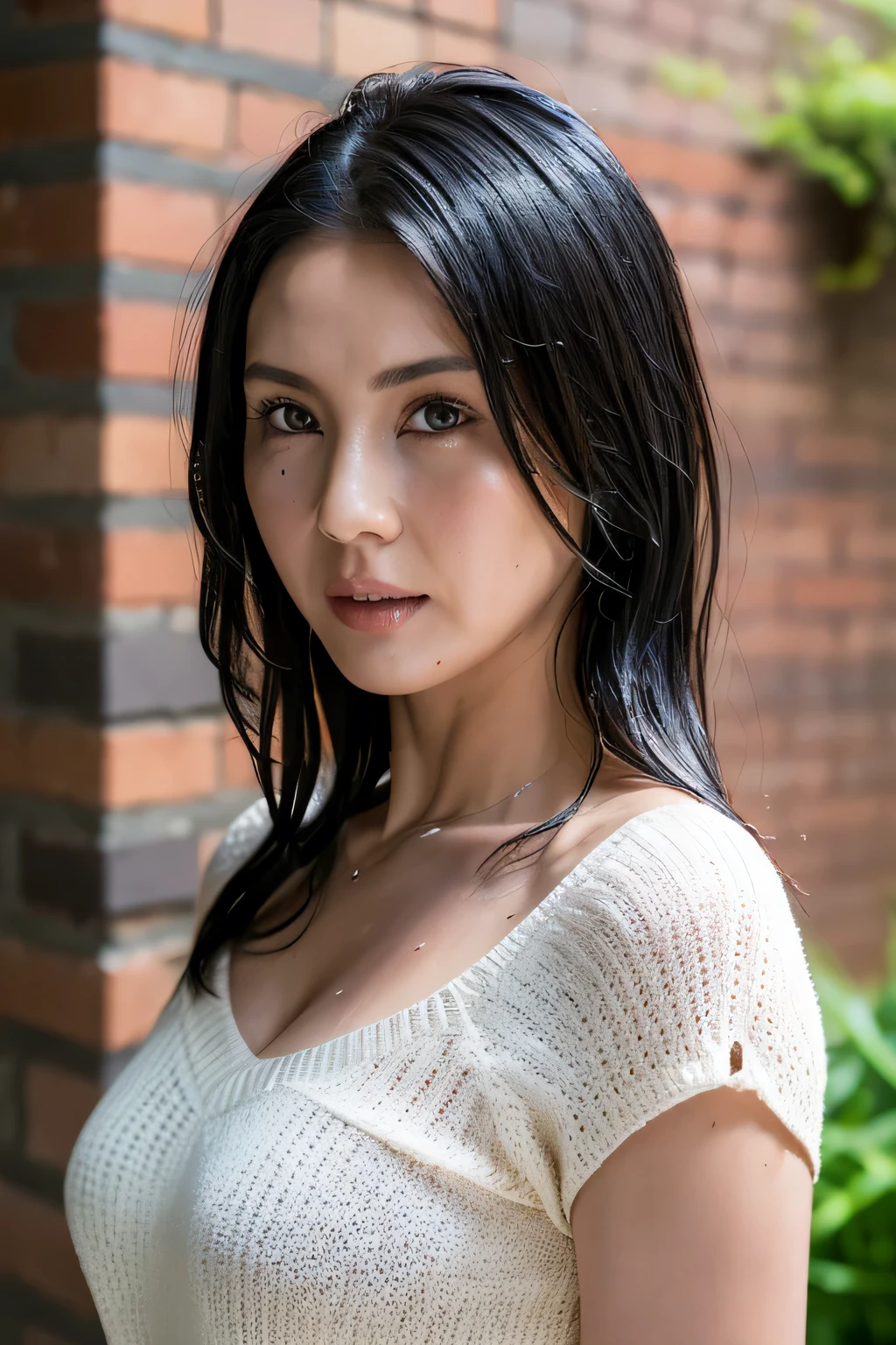 (In 8K, Highest quality, masterpiece:1.2), (Realistic, Photorealistic:1.37), Ultra-detailed, Natural light, Medium chest, valley, 1 person, 35-year-old woman, Symmetrical nose,Black Hair, pendant, Torn shorts, Light knit V-neck shirt, Highly detailed face and skin, Detailed eyes, Highly detailed face and skin,((super wet skin))Brick wall,Park wall,