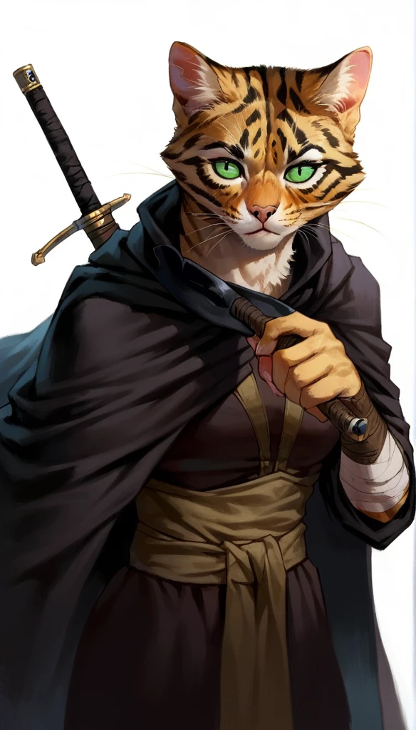 score_9, score_8_up, score_7_up, (clear simple background, white background, papyrus background),
 ((tabaxi), anthro, solo, female, (portrait), (focus), (holding, assassin, rogue), ((wearing dark robe, cape)), (cat fur)), beautiful