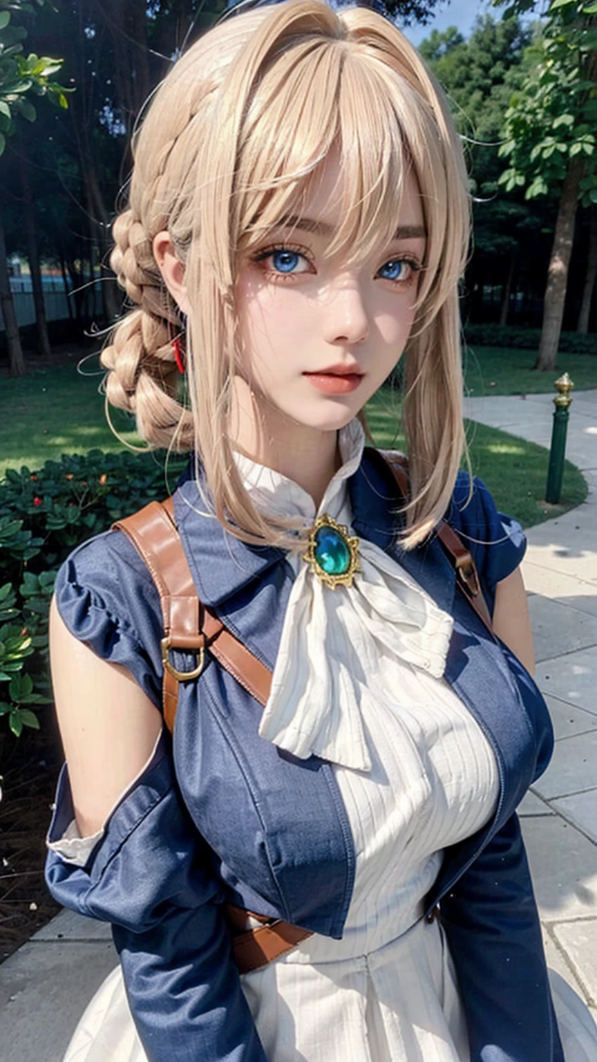 ((best quality)), ((masterpiece)), (detailed), perfect face, pretty face, beautiful female, beautiful body, e cup breast, perfect body, head accessories, sleeveless sweater, blue eyes, violet_evergarden, at the park