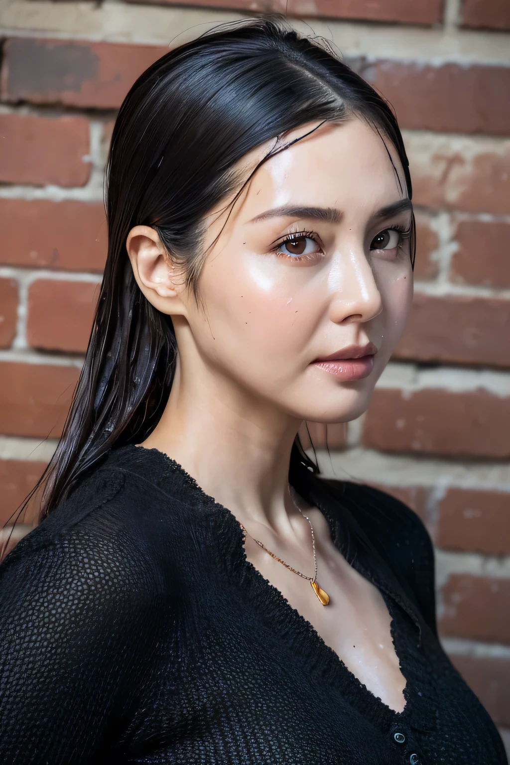 、(Photorealsitic:1.4)、(hyper realisitic:1.4)、(realisitic:1.3)、(Smooth lighting:1.05)、(Improved lighting quality in movies:0.9)、32K、1girl in、28-year-old girl、Realistic lighting、Back lighting、Facial light、raytrace、(brightened light:1.2)、(enhanced quality:1.4)、(Top quality real texture skins:1.4)、finely eye、finerly detailed face、Fine quality eye、(Tired, sleepy and satisfied:0.0)、 close up of face、Black High Neck Knit、、(Enhances skin texture:1.1)、realistic skin textures,Perm Hair、Afro Hair