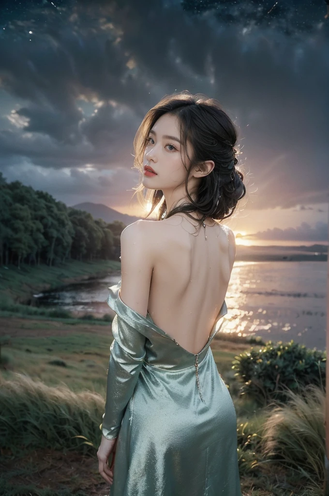 (((best quality))),(((ultra detailed))),(((masterpiece))),illustration,((1 beautiful girl,solo)),((slim,thin)),(shoulder length straight bob hair:1.2),flowing hair,fair skin,(shiny skin:1.3),detailed eyes,laughing,(shirt-dress:1.3),delicate necklace,grass,dewdropletts,trees,bird chirping,serenity,gratitude,awe,wonders of nature,peace,contentment,magnificent world,summer,(pitch-dark dawn:1.5),(night scene:1.3),((upper body,from back)),after rain,(wet:1.3),standing,on the path,At the mountaintop,confident gaze,elegant posture,mysterious atmosphere,solemn mood,dawn approaching,detailed decorations,(sunrise:1.3),(cloudy sky:1.2),rainbow,(Rural Landscape:1.2),horizon,bare back,towering hips,butt crack